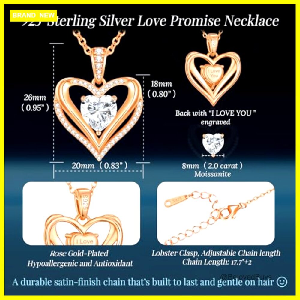 Moissanite Heart Pendant Necklace 925 Sterling Silver Gold Plated - Picture 5 of 7